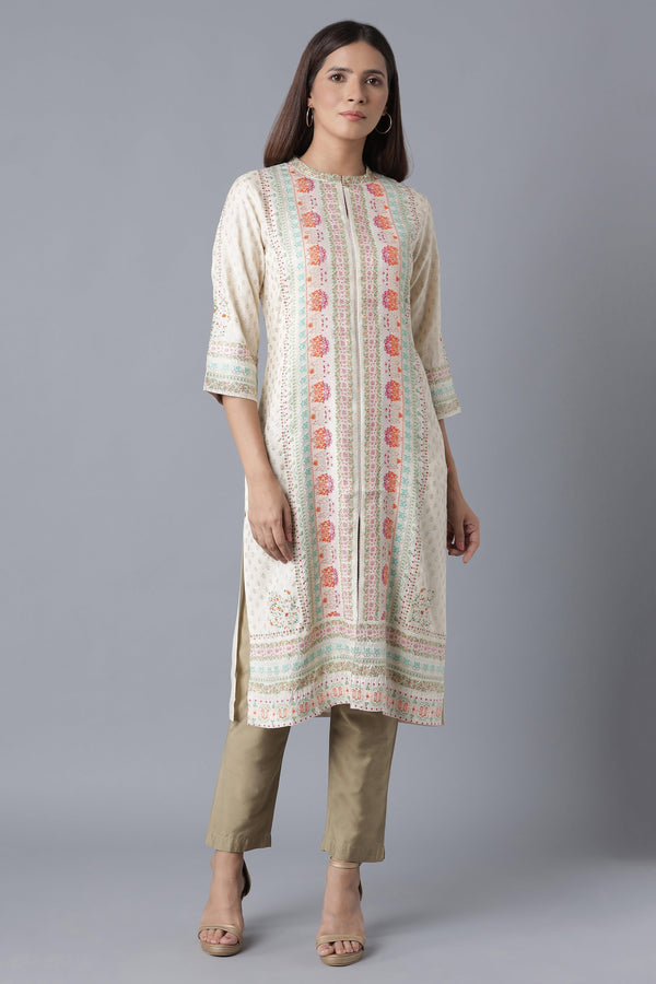 Ecru Floral Print kurta with Sequin