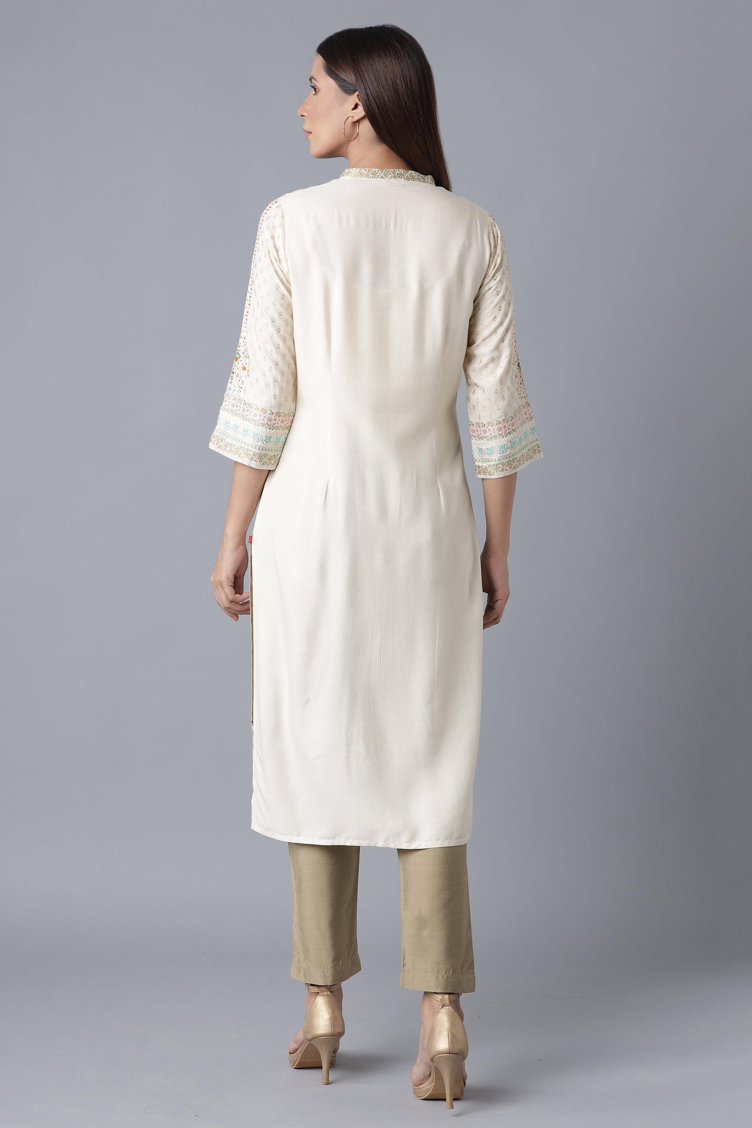 Ecru Floral Print kurta with Sequin - wforwoman