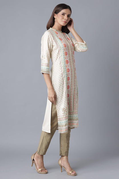 Ecru Floral Print kurta with Sequin - wforwoman