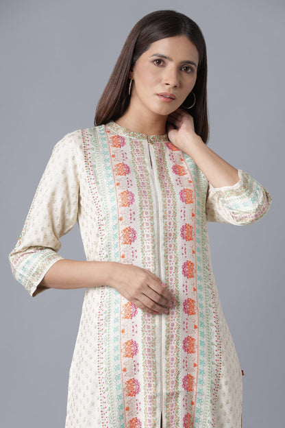 Ecru Floral Print kurta with Sequin - wforwoman
