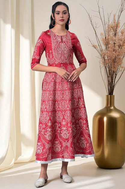 Maroon Floral Printed Flared Shantung Festive Dress