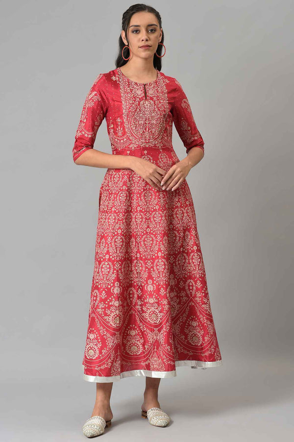 Maroon Floral Printed Flared Shantung Festive Dress