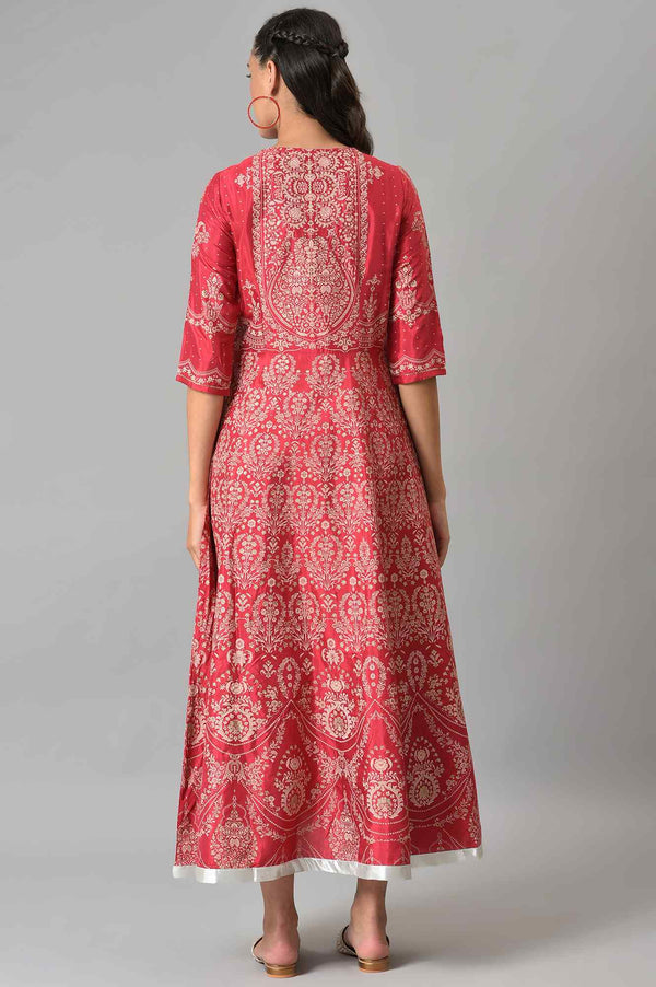 Maroon Floral Printed Flared Shantung Festive Dress