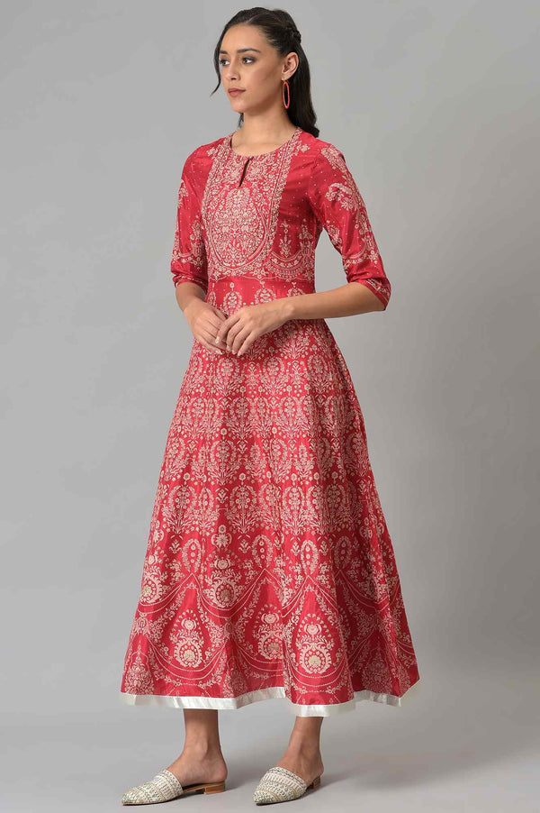 Maroon Floral Printed Flared Shantung Festive Dress
