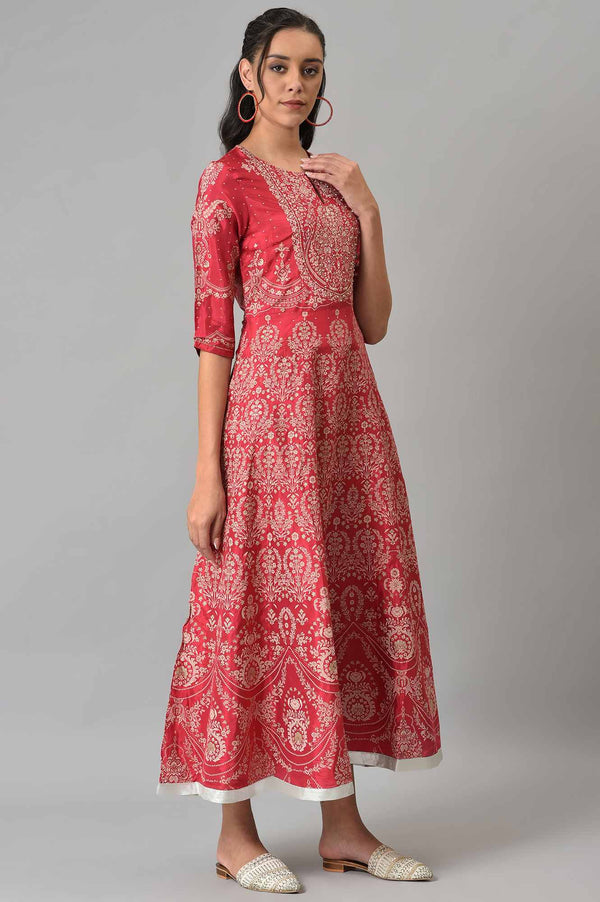 Maroon Floral Printed Flared Shantung Festive Dress