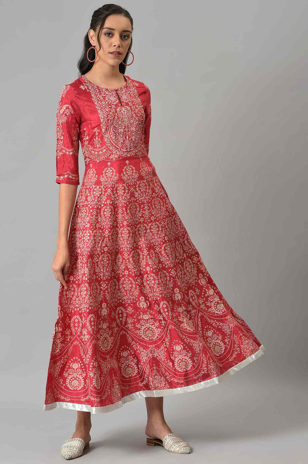 Maroon Floral Printed Flared Shantung Festive Dress
