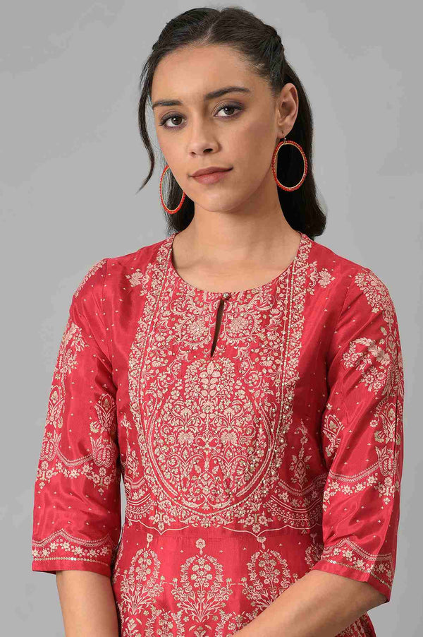 Maroon Floral Printed Flared Shantung Festive Dress