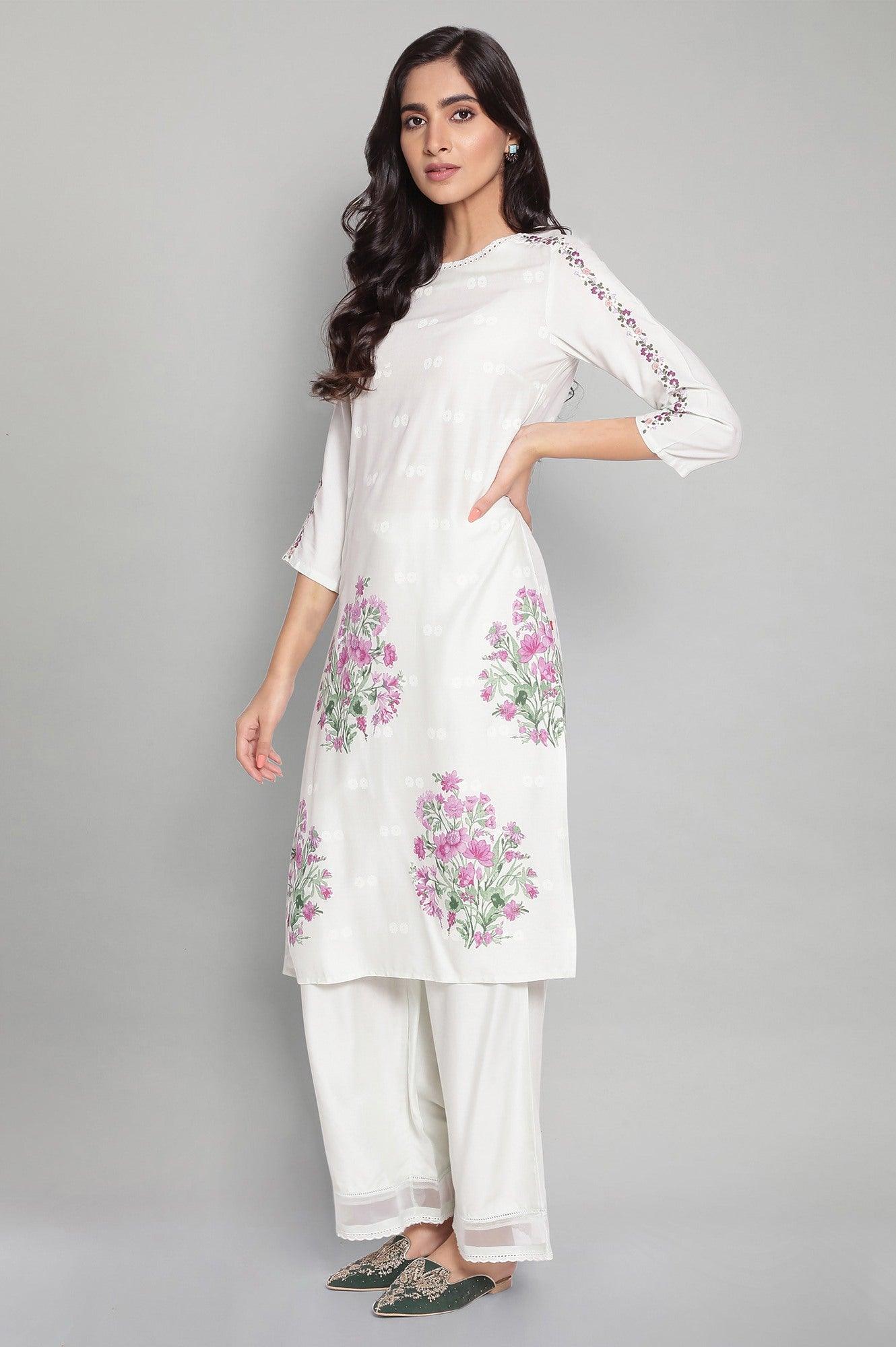 Light Blue Printed kurta with Embroidery and Lace - wforwoman