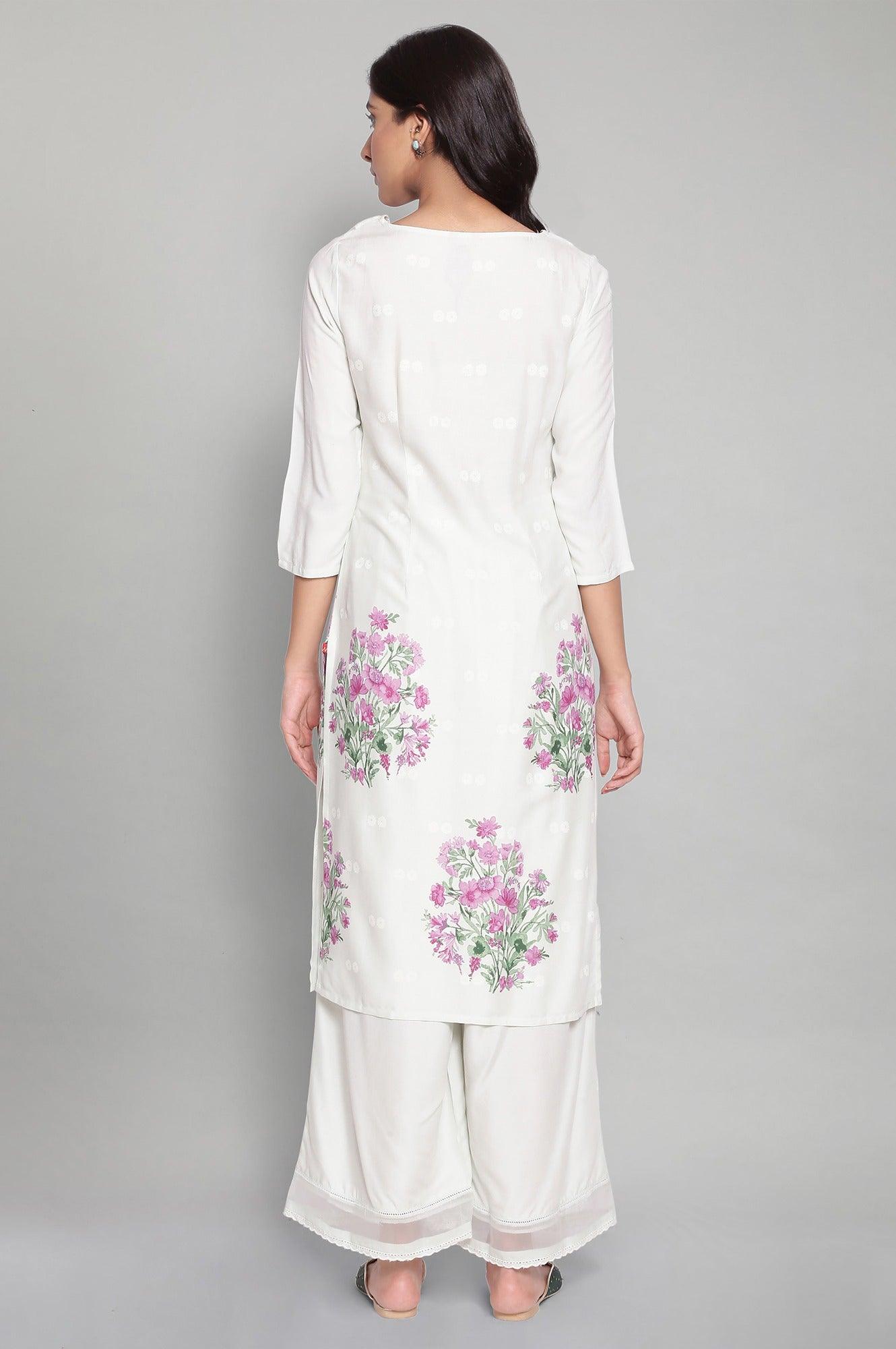 Light Blue Printed kurta with Embroidery and Lace - wforwoman