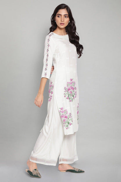 Light Blue Printed kurta with Embroidery and Lace - wforwoman