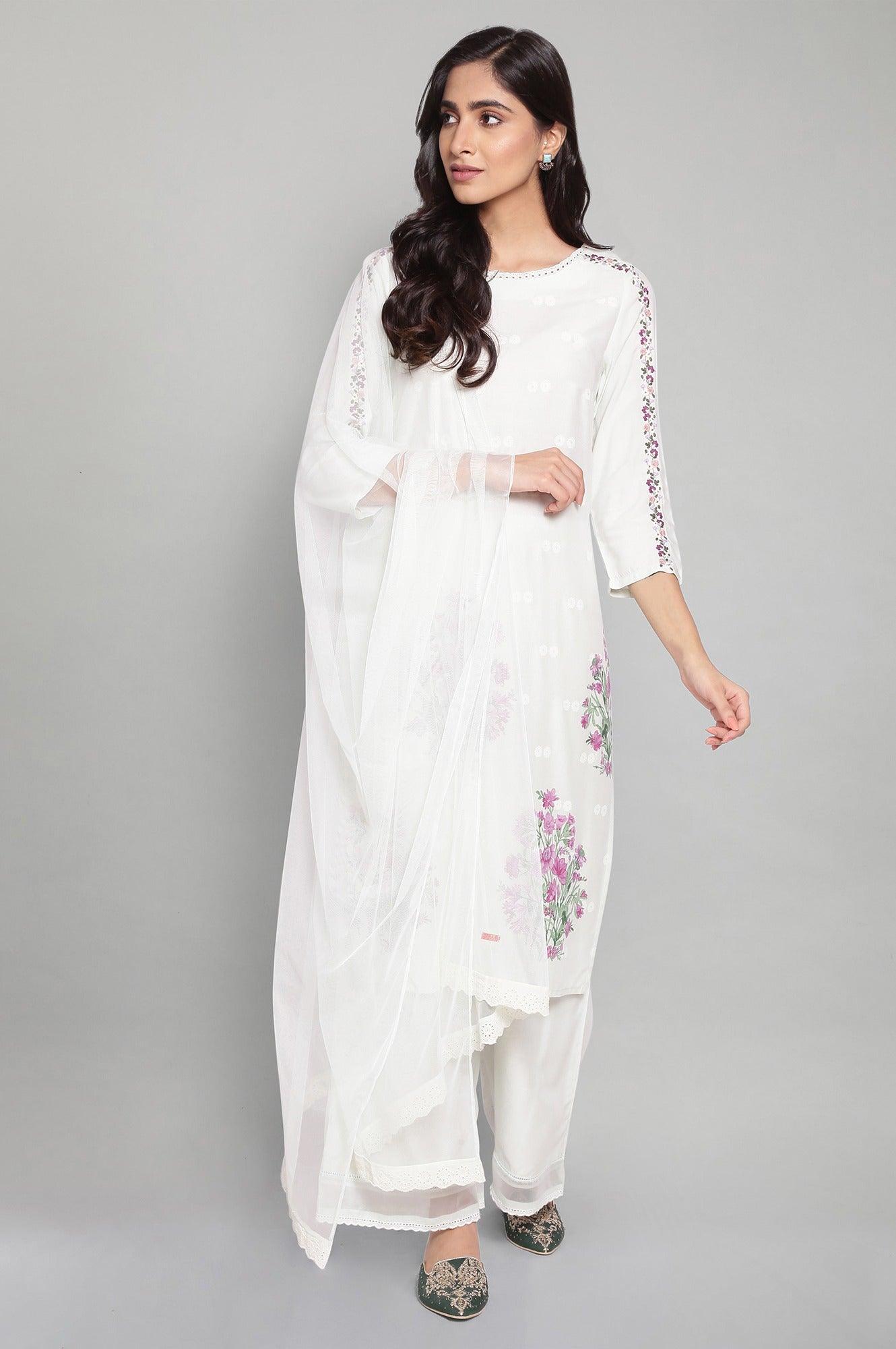 Light Blue Printed kurta with Embroidery and Lace - wforwoman