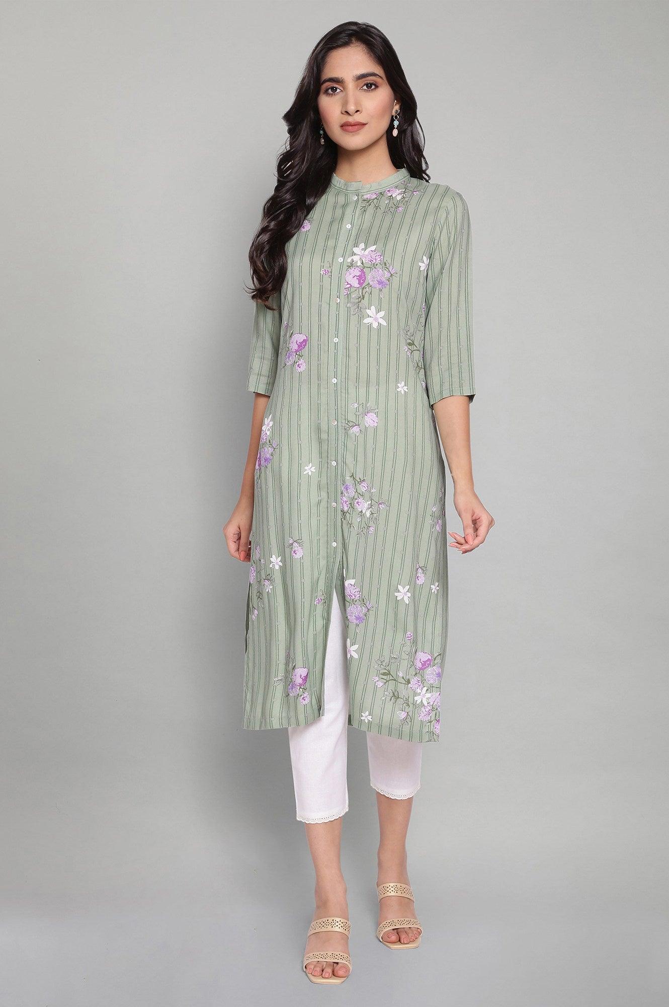 Cameo Green Floral Print kurta - wforwoman