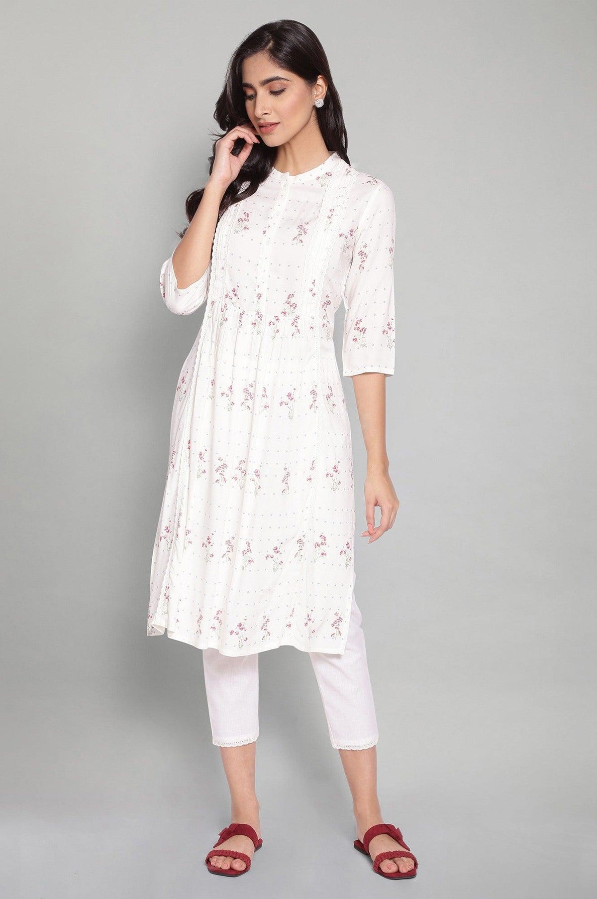Ecru Floral Print kurta - XS