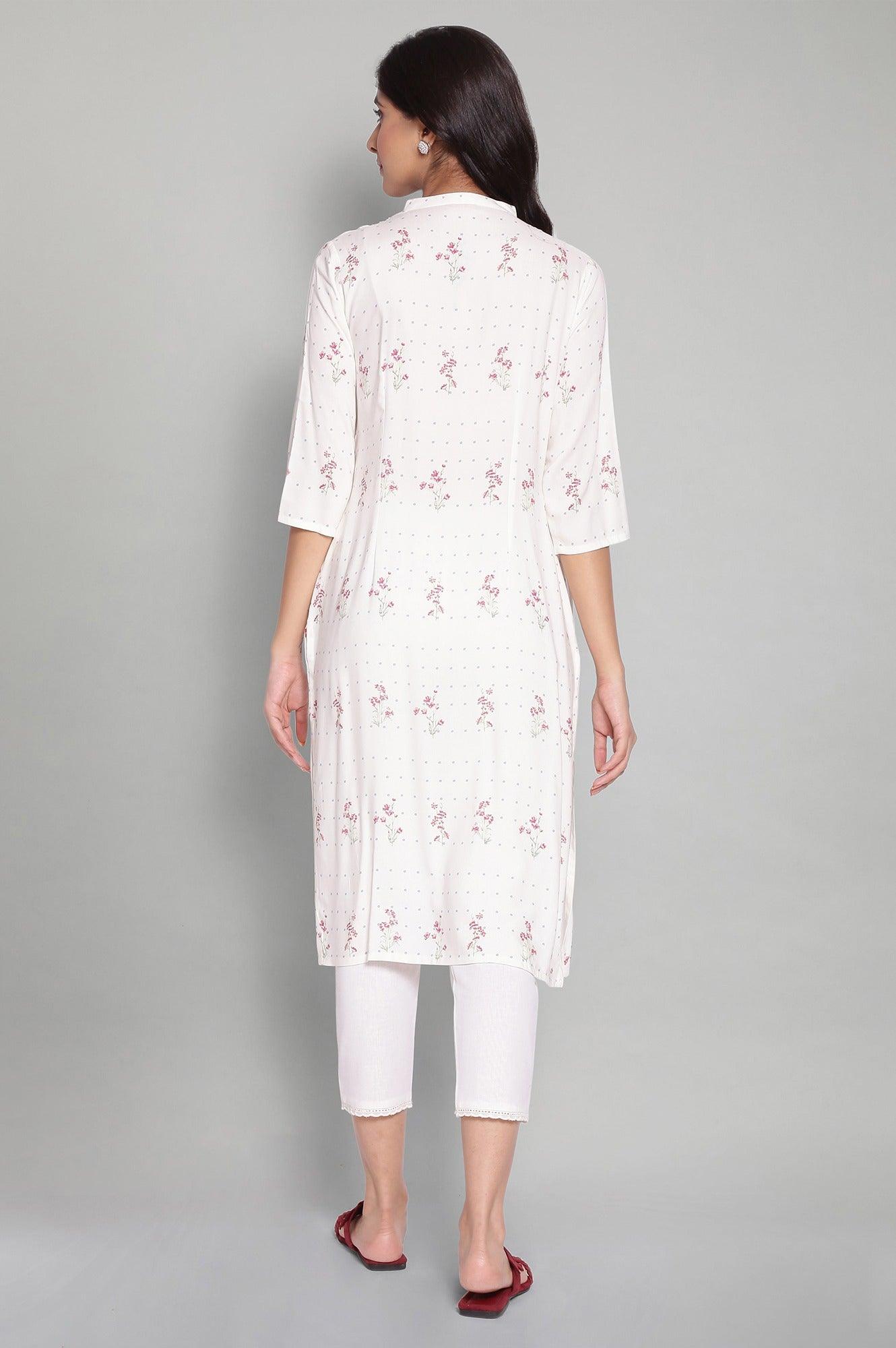 Ecru Floral Print kurta - wforwoman