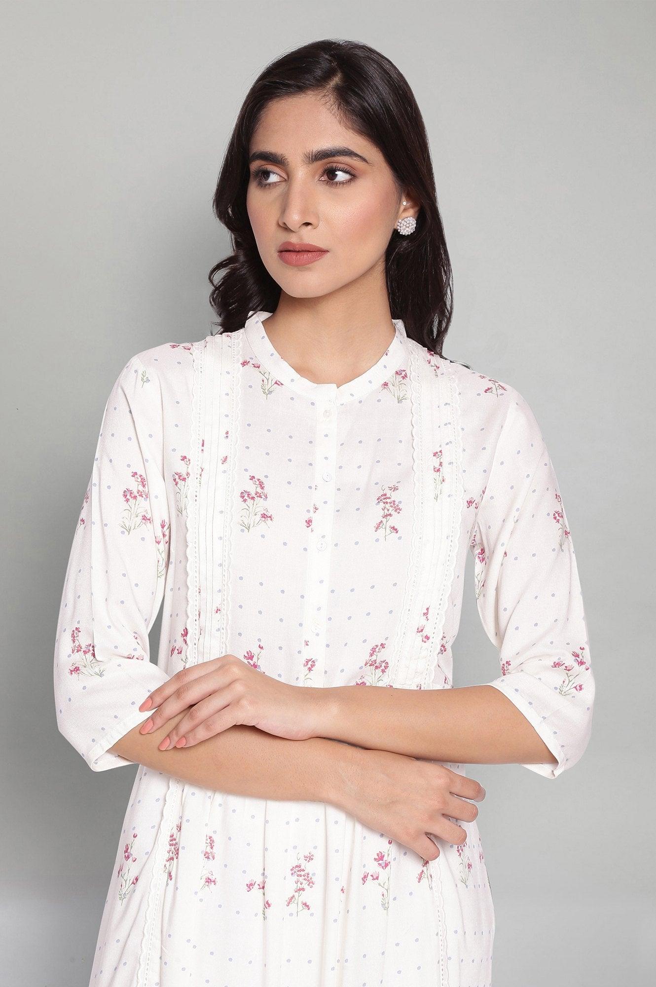 Ecru Floral Print kurta - wforwoman