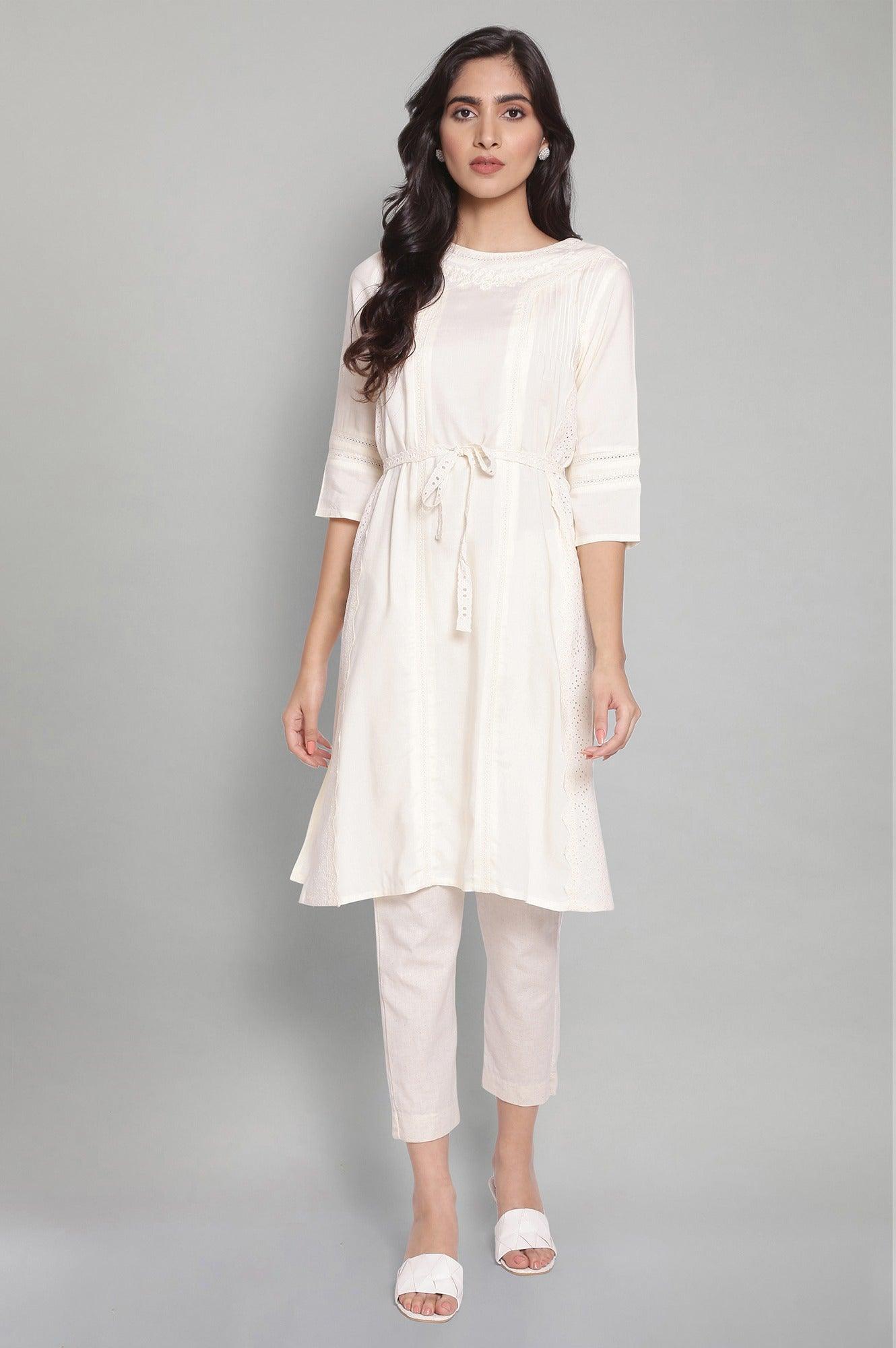 Ecru Solid kurta with Belt - wforwoman