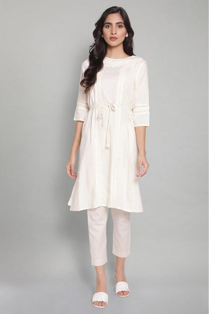 Ecru Solid kurta with Belt - wforwoman