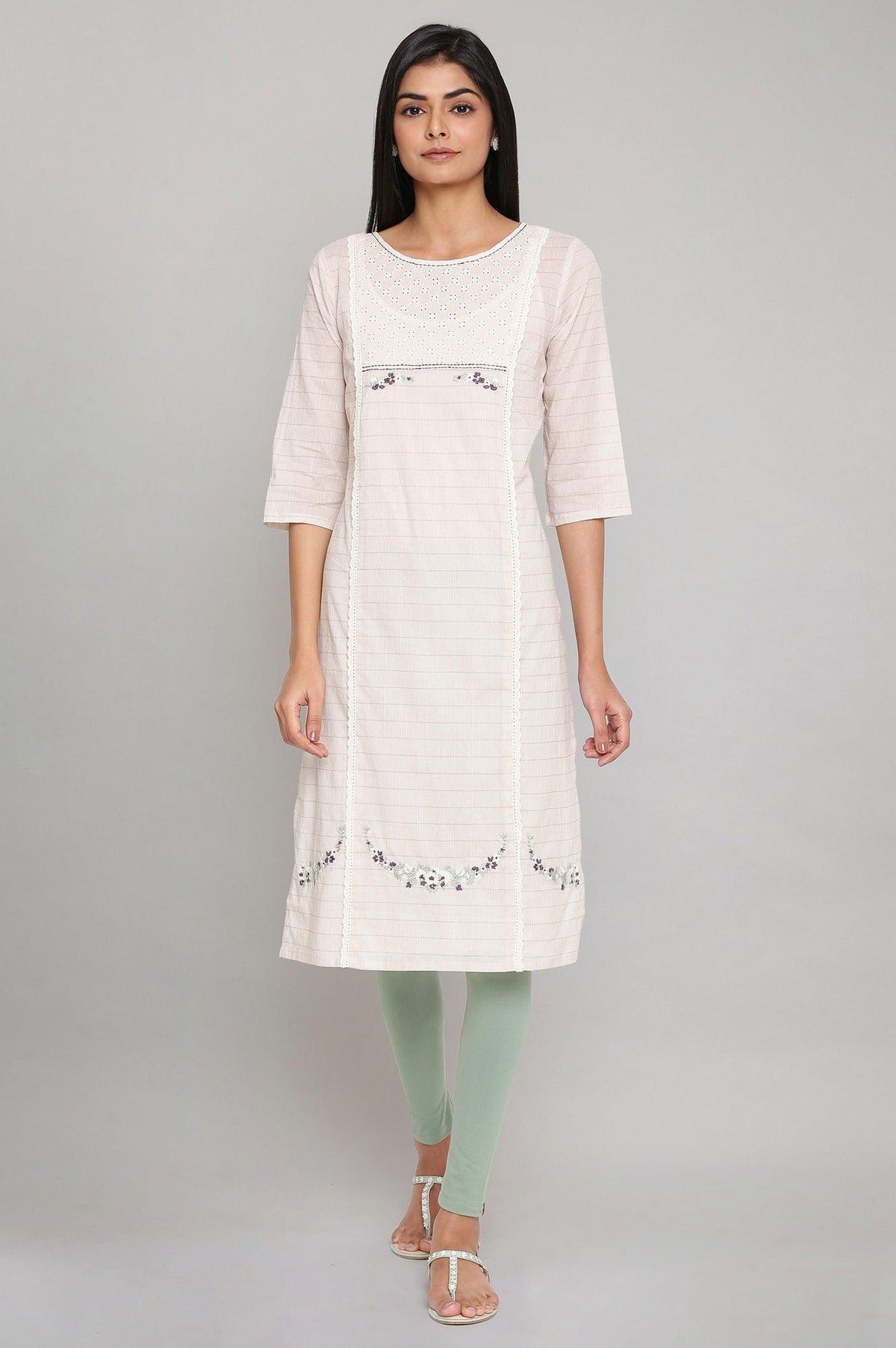 Ecru Straight Kurta In Sleeves with Inner - XXL