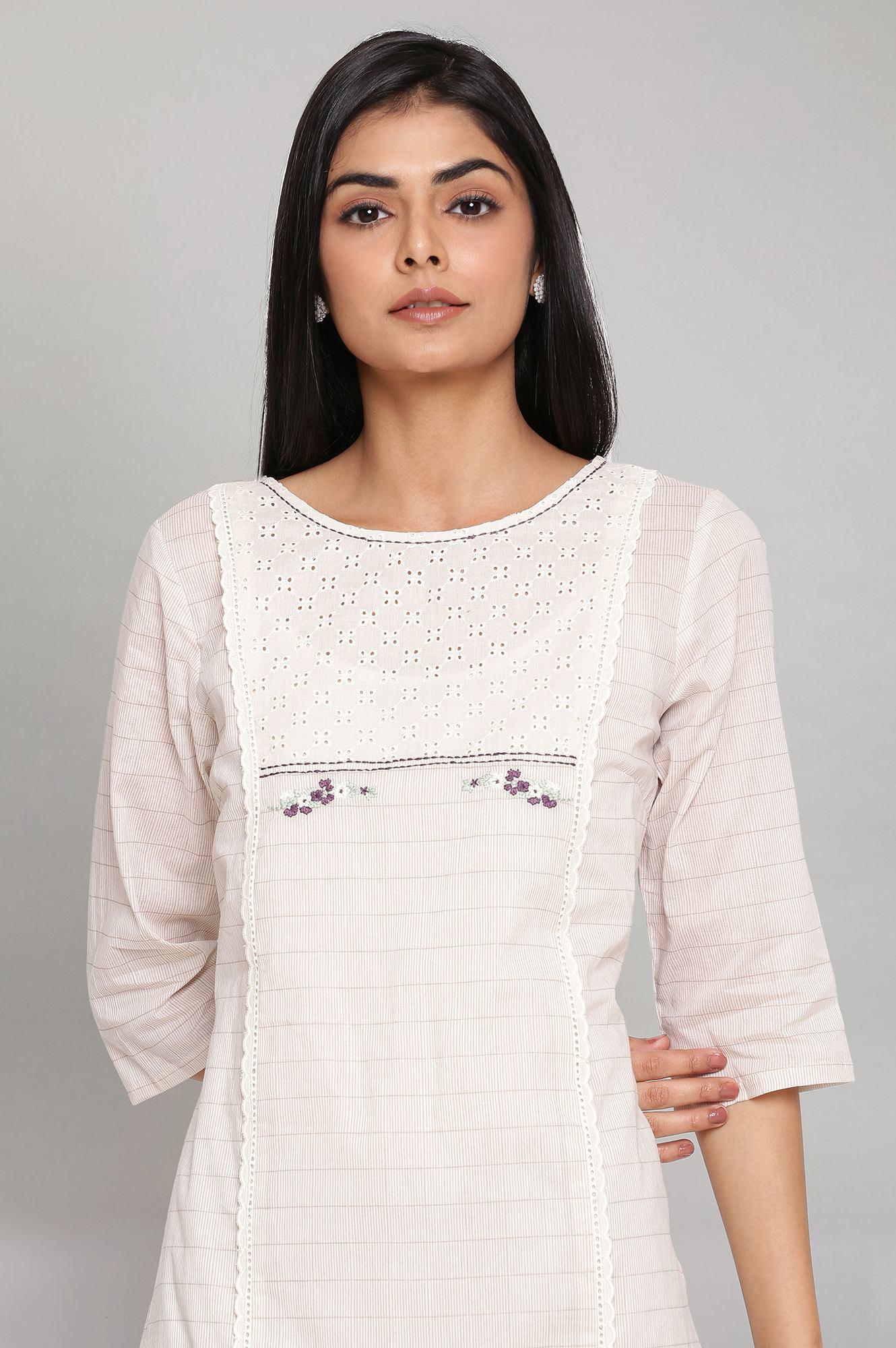 Ecru Straight kurta In Gathered Sleeves With Inner - wforwoman