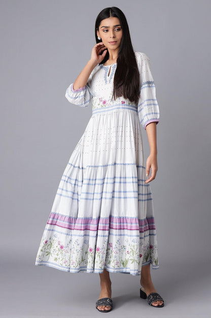 Light Blue Tiered Dress with Embroidery - wforwoman