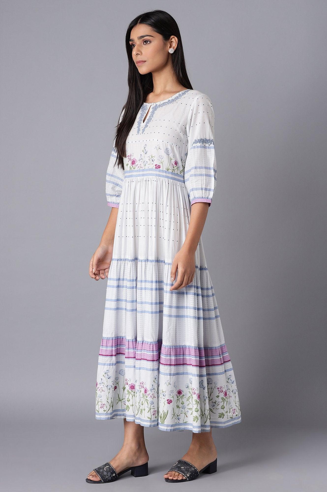 Light Blue Tiered Dress with Embroidery - wforwoman