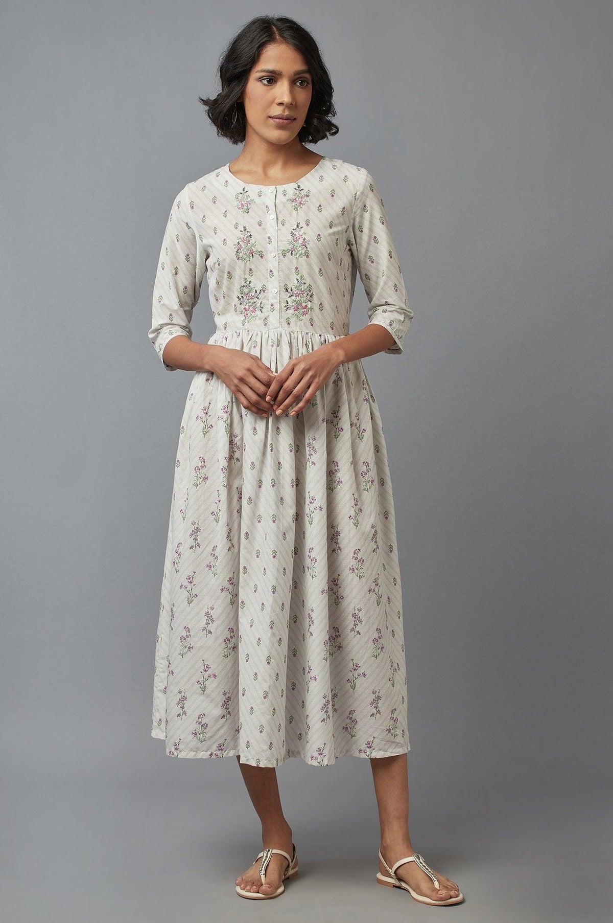 Ecru Gathered Dress with Embroidery - XS