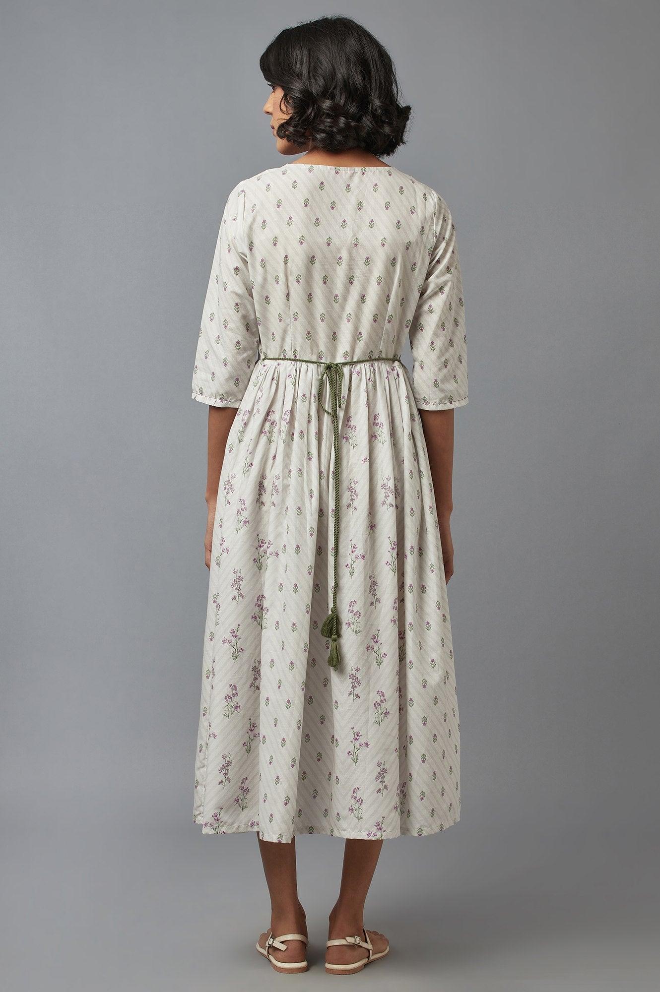 Ecru Gathered Dress with Embroidery - wforwoman