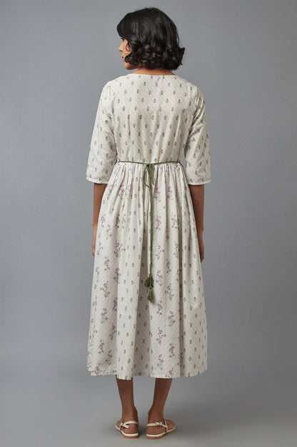 Ecru Gathered Dress with Embroidery - wforwoman