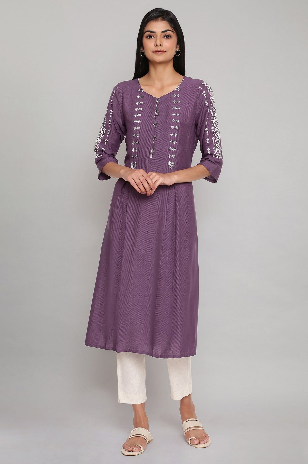 Purple Printed kurta with Embroidery - XS