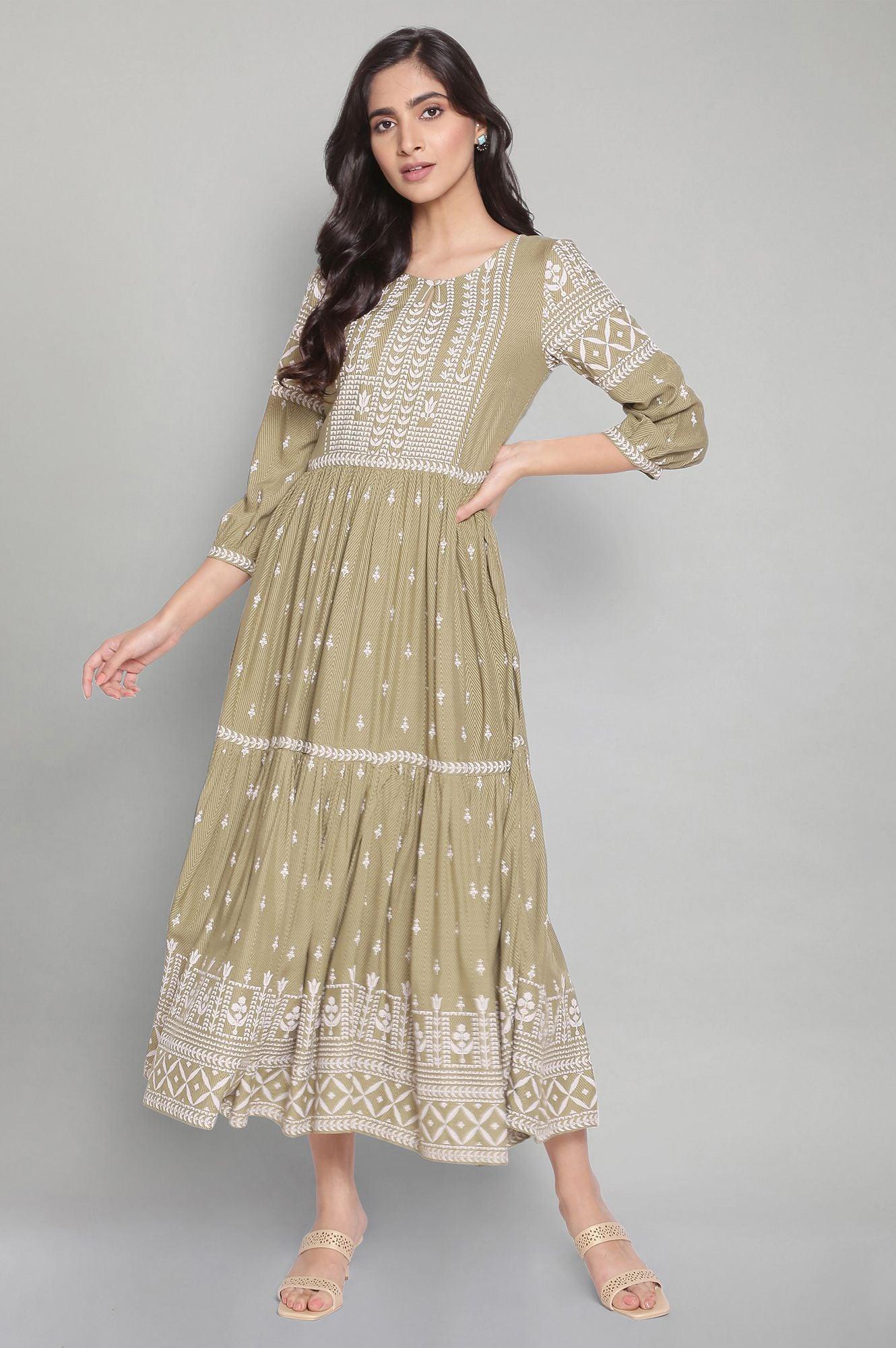 Tea Green Printed Tiered Dress - wforwoman