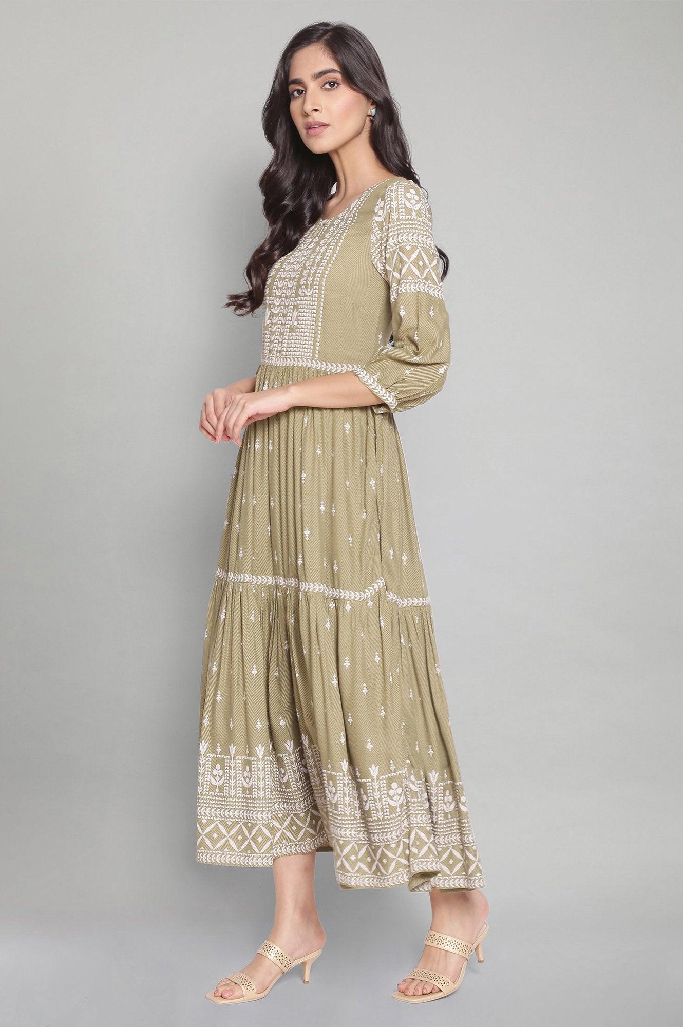 Tea Green Printed Tiered Dress - wforwoman