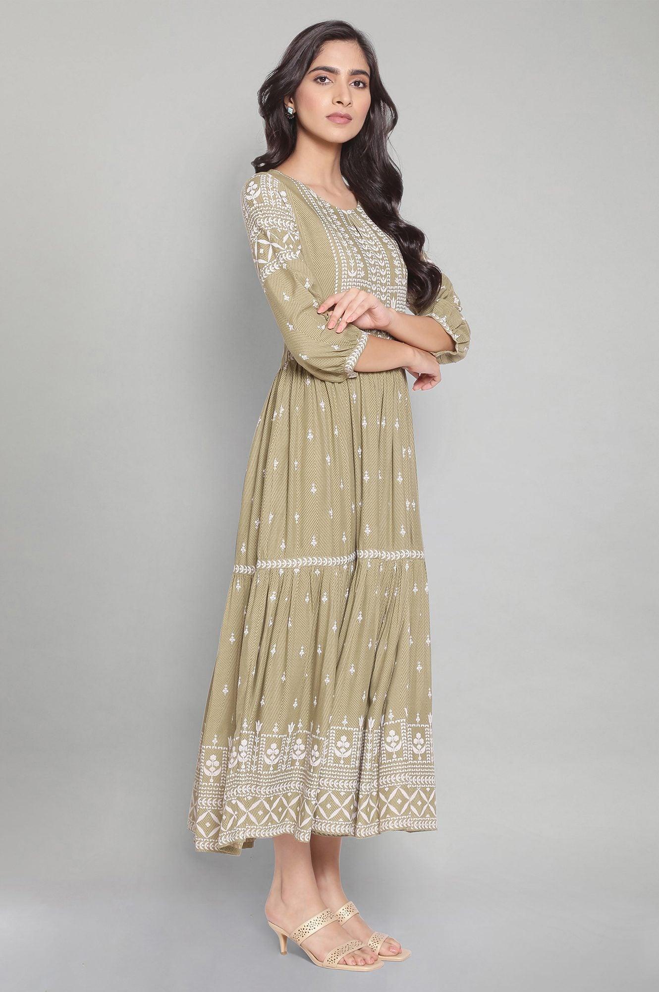 Tea Green Printed Tiered Dress - wforwoman