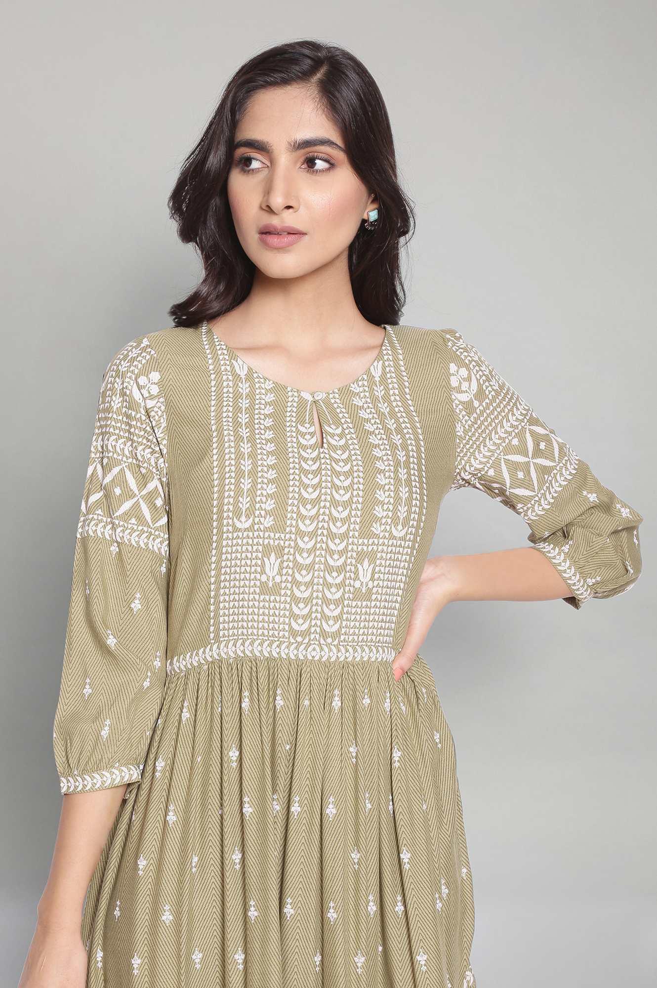 Tea Green Printed Tiered Dress - wforwoman