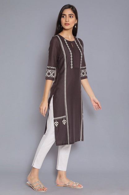 Dark Grey Printed kurta with Embroidery - wforwoman