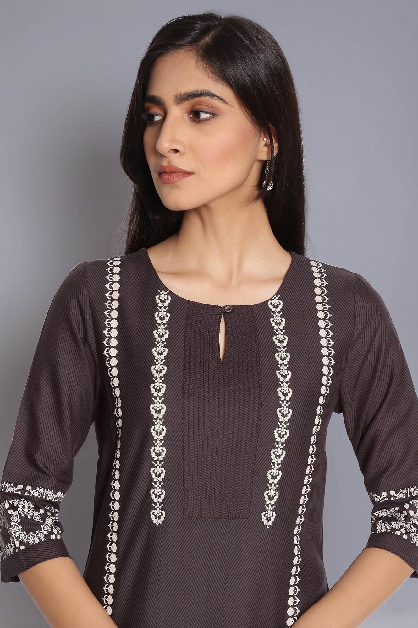 Dark Grey Printed kurta with Embroidery - wforwoman