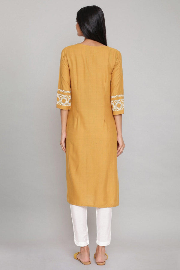 Yellow Placement Print kurta with Embroidery