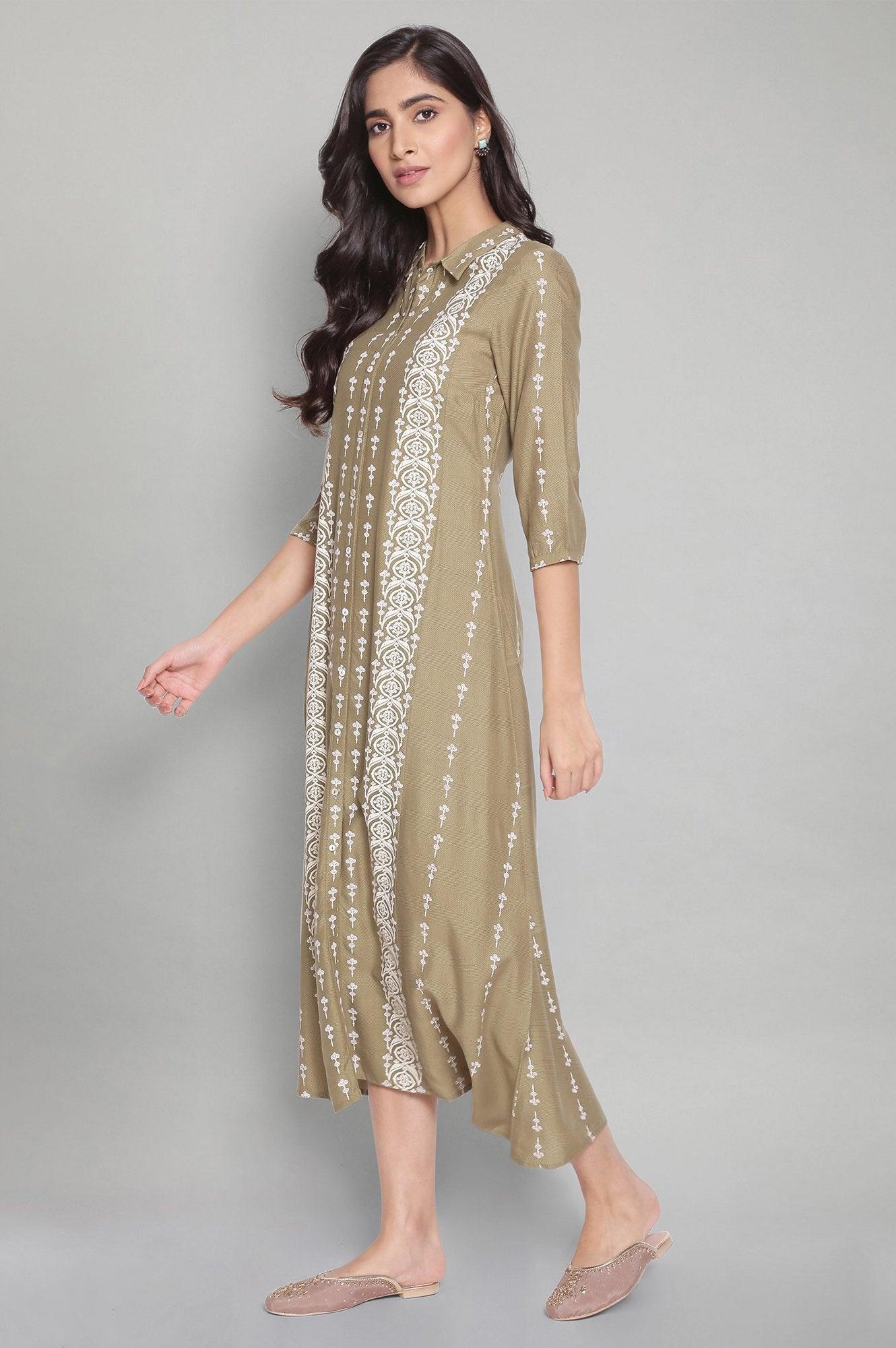 Olive Green A-Line long Dress - wforwoman