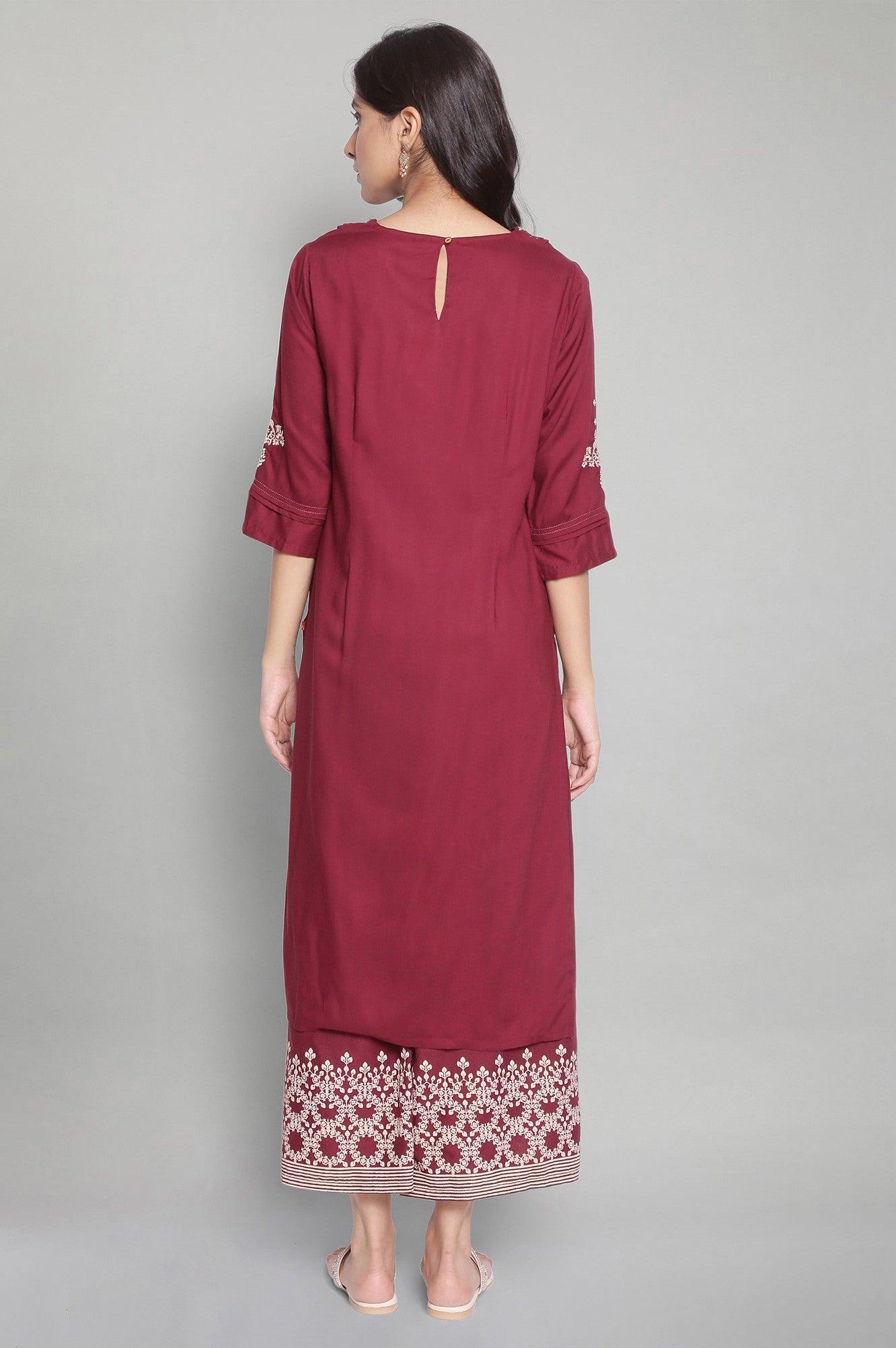 Maroon Solid kurta with Embroidery - wforwoman