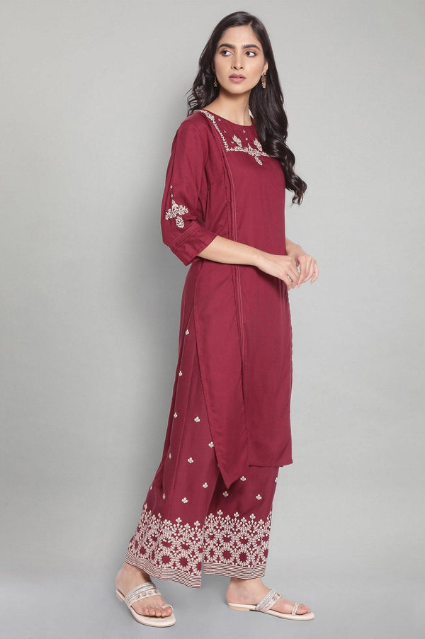Maroon Solid kurta with Embroidery