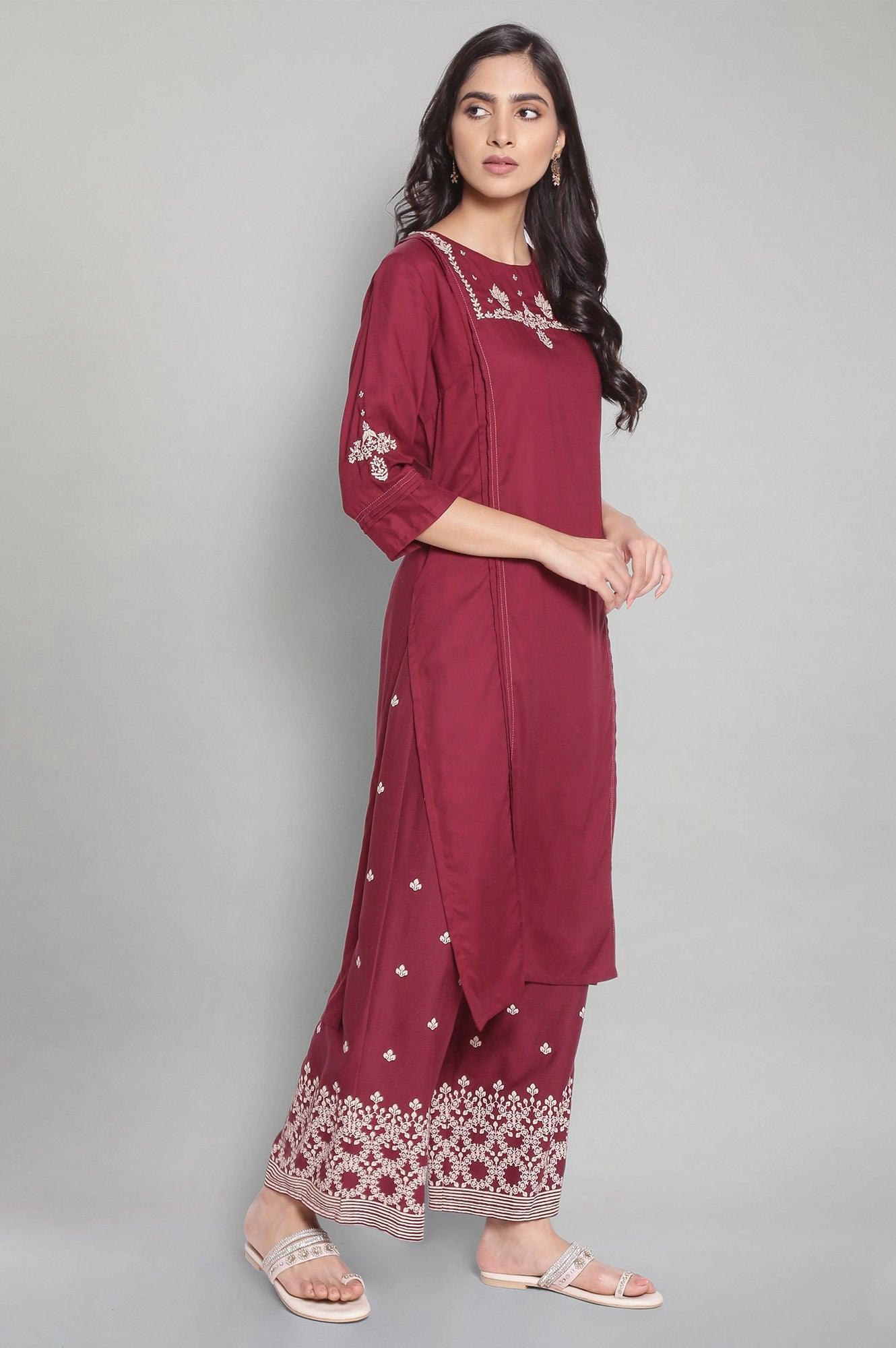 Maroon Solid Plus Size Kurta With Embroidery - wforwoman