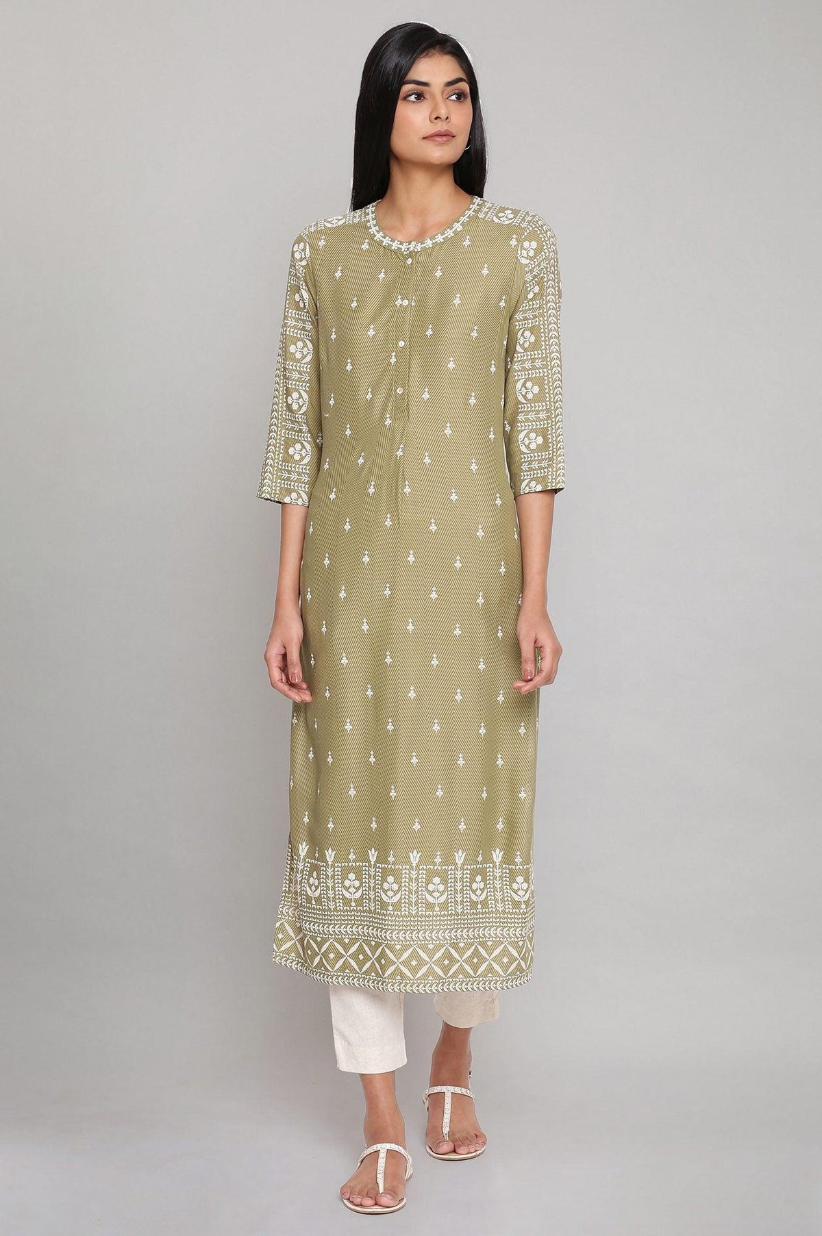 Olive Green Straight Printed kurta - XS