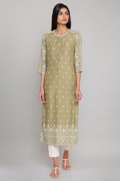 Olive Green Straight Printed kurta - wforwoman