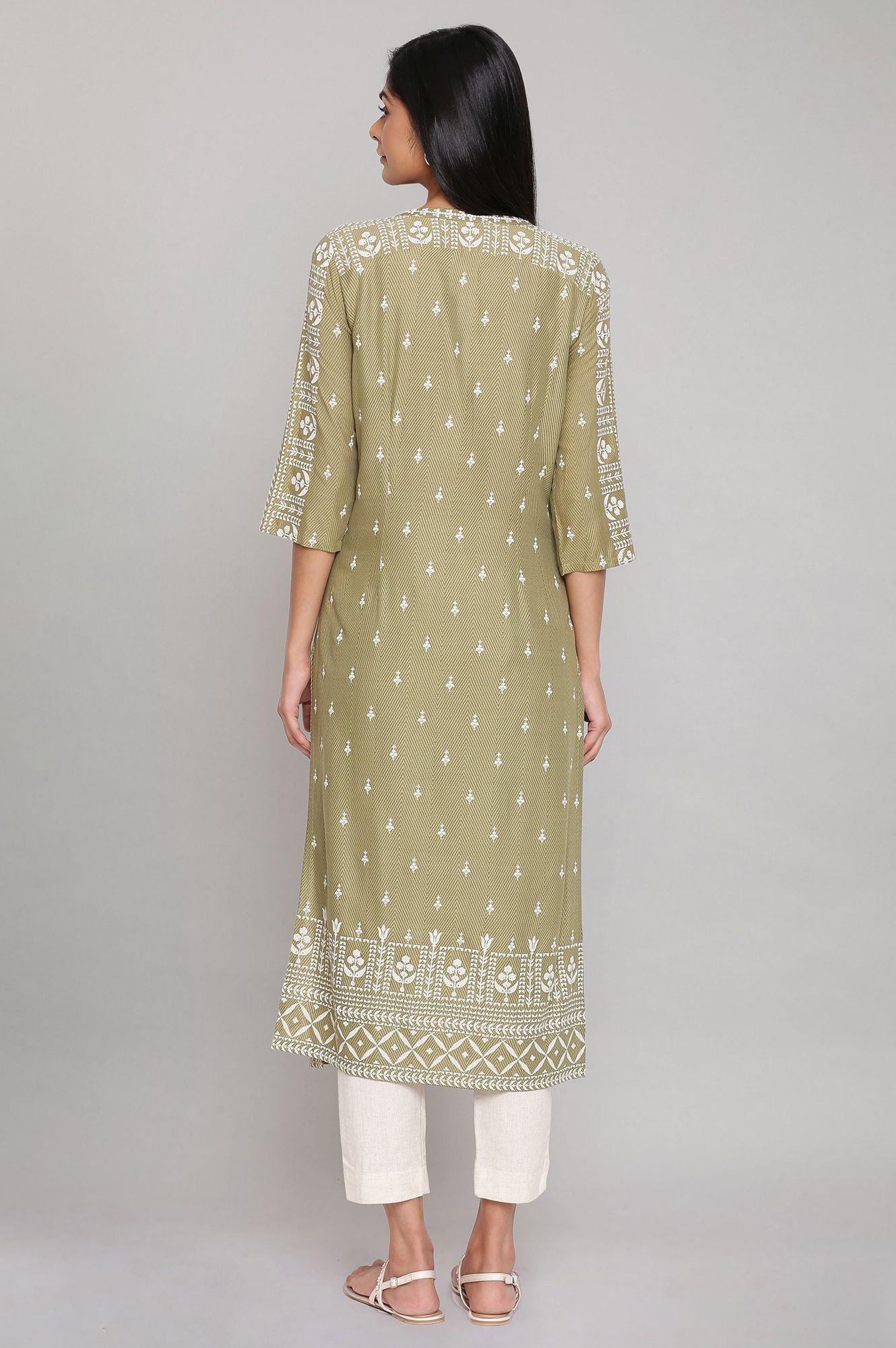 Olive Green Straight Printed kurta - wforwoman