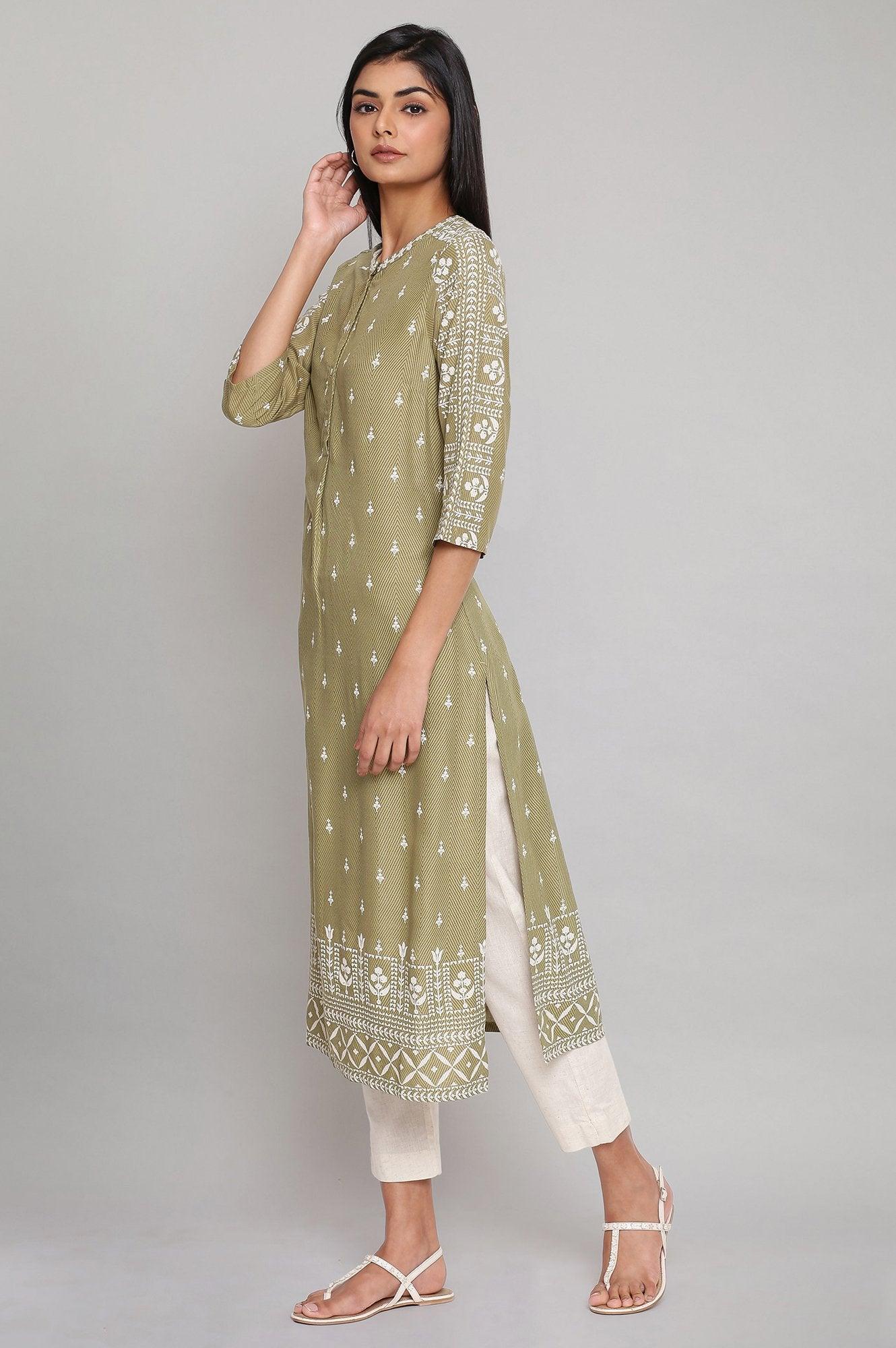 Olive Green Straight Printed kurta - wforwoman