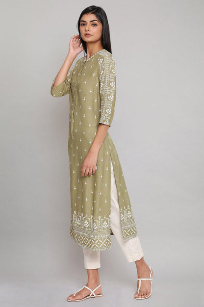 Olive Green Straight Printed kurta - wforwoman