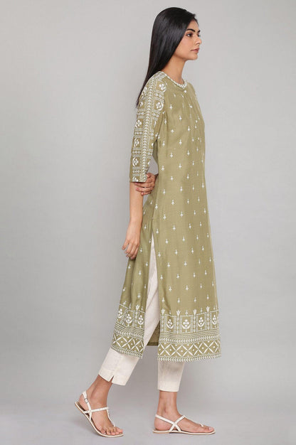 Olive Green Straight Printed kurta - wforwoman