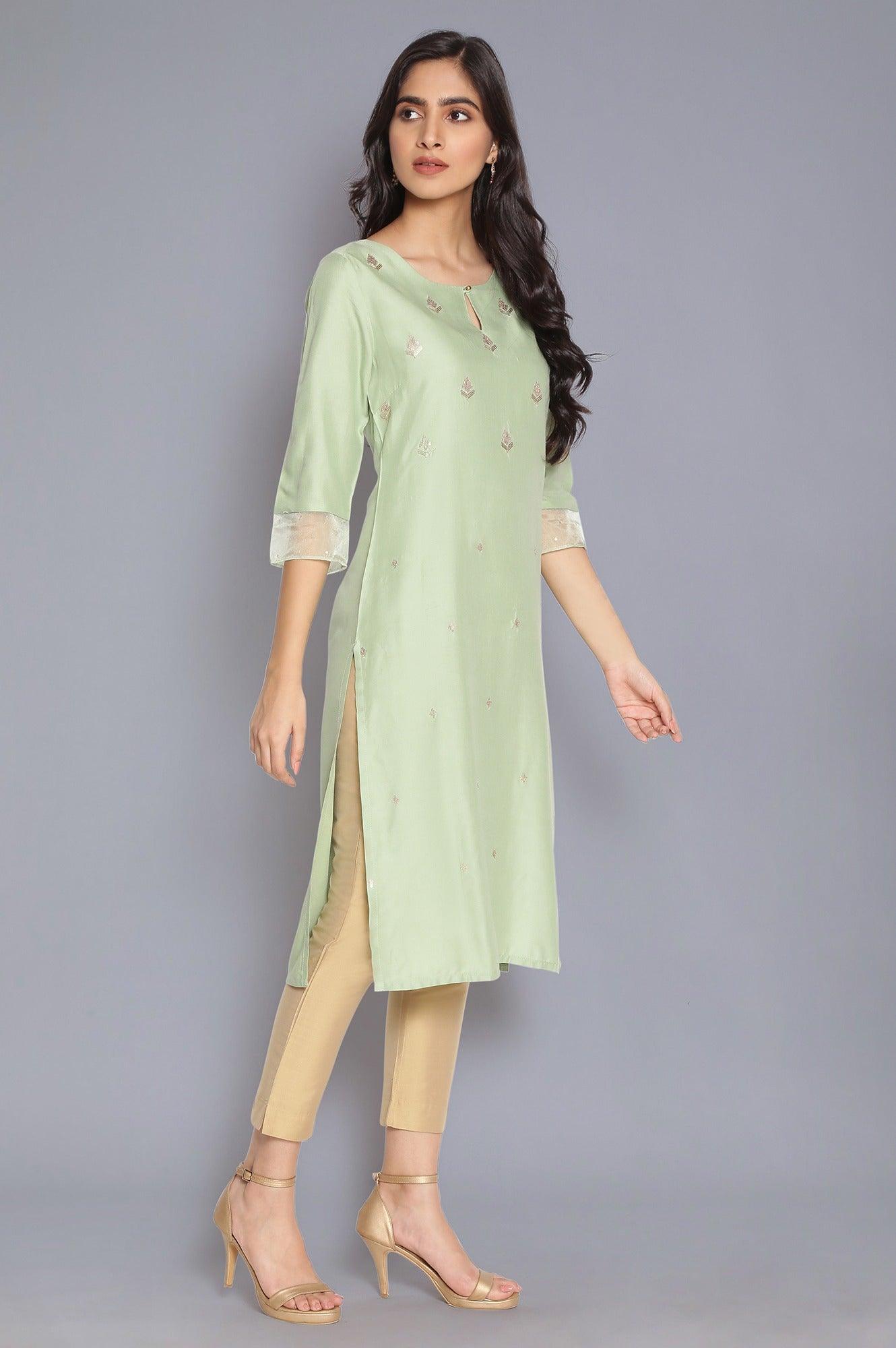Mint Green Embroidered kurta - wforwoman