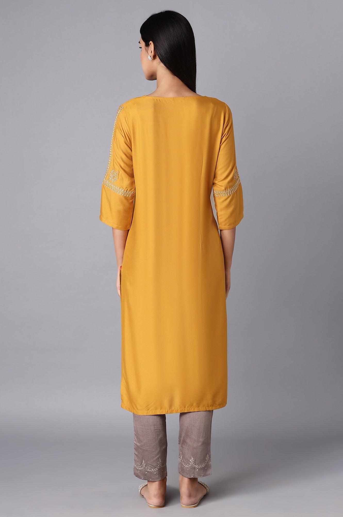 Mustard Yellow kurta with Embroidery - wforwoman
