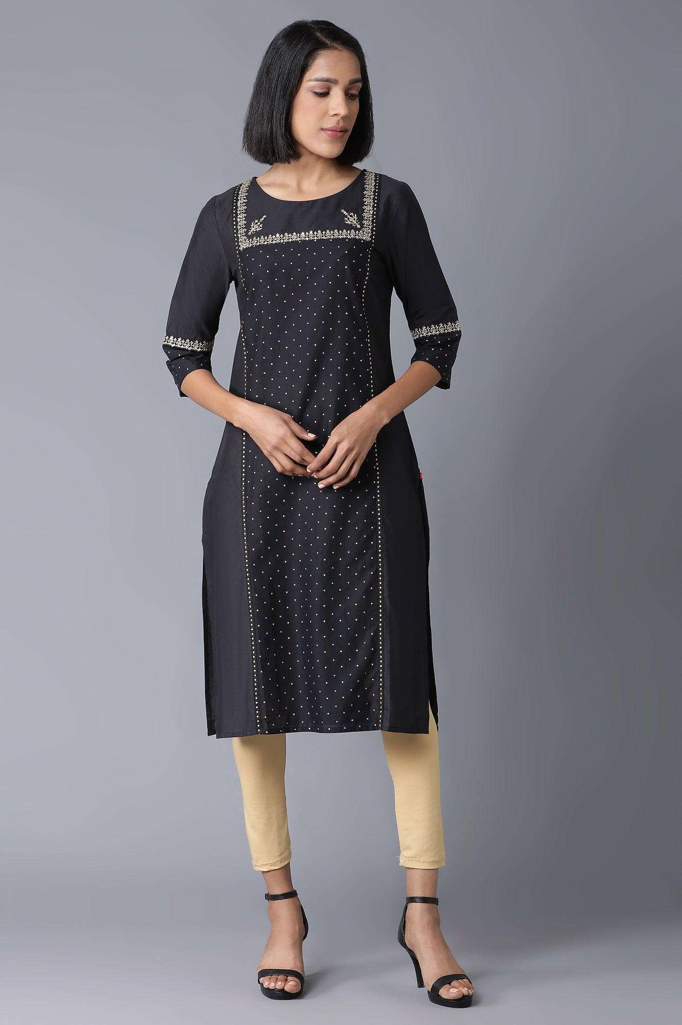 Black Polka Dots Printed Straight kurta - wforwoman