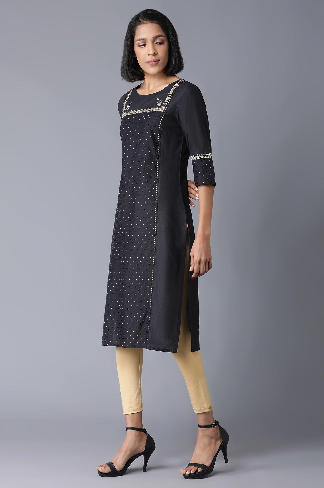 Black Polka Dots Printed Straight kurta - wforwoman